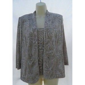 Alex Evenings Jacket and Camisole Set Women's Size L Taupe w/ Satin Trim Glitter